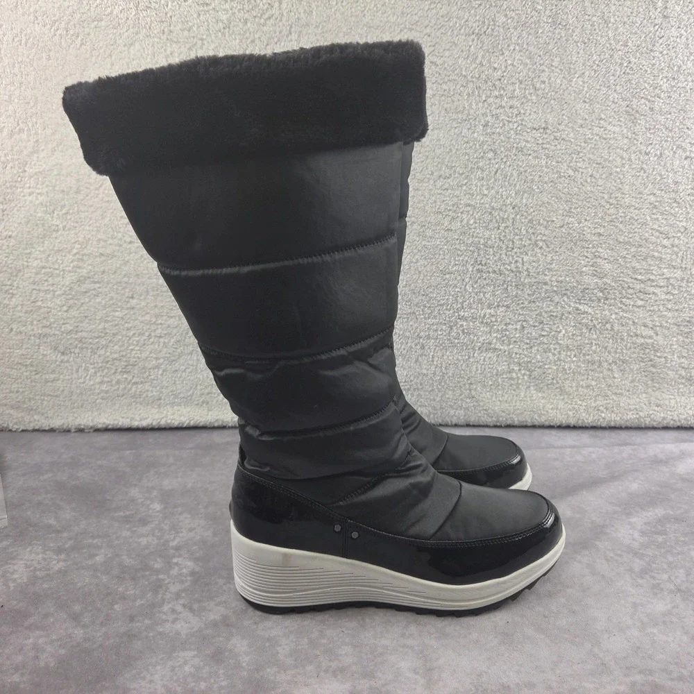 Sporto Womens Black Quilted Puffer Snow Boots Faux Fur Trim Wedge Heel Size 11M